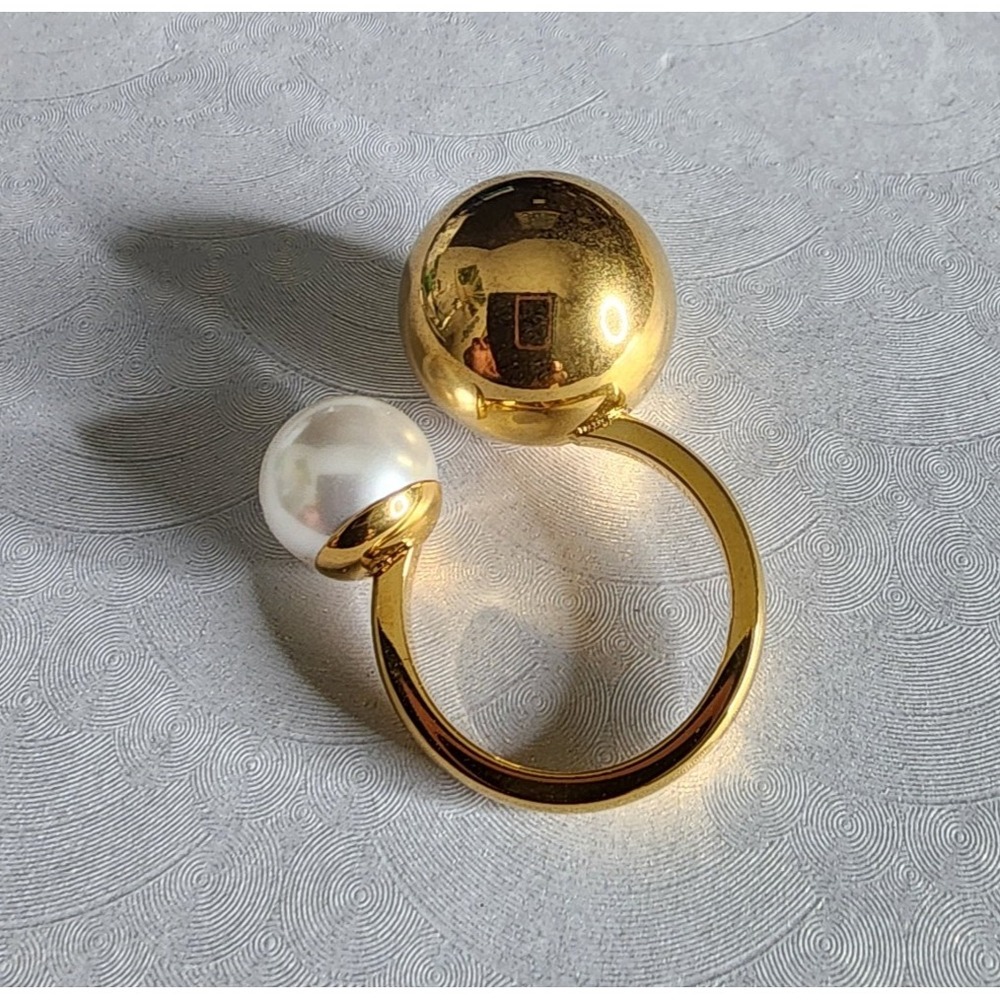 Asymmetric Ring Minimalist Gold Color Pearl Accent Open Ring Size 7